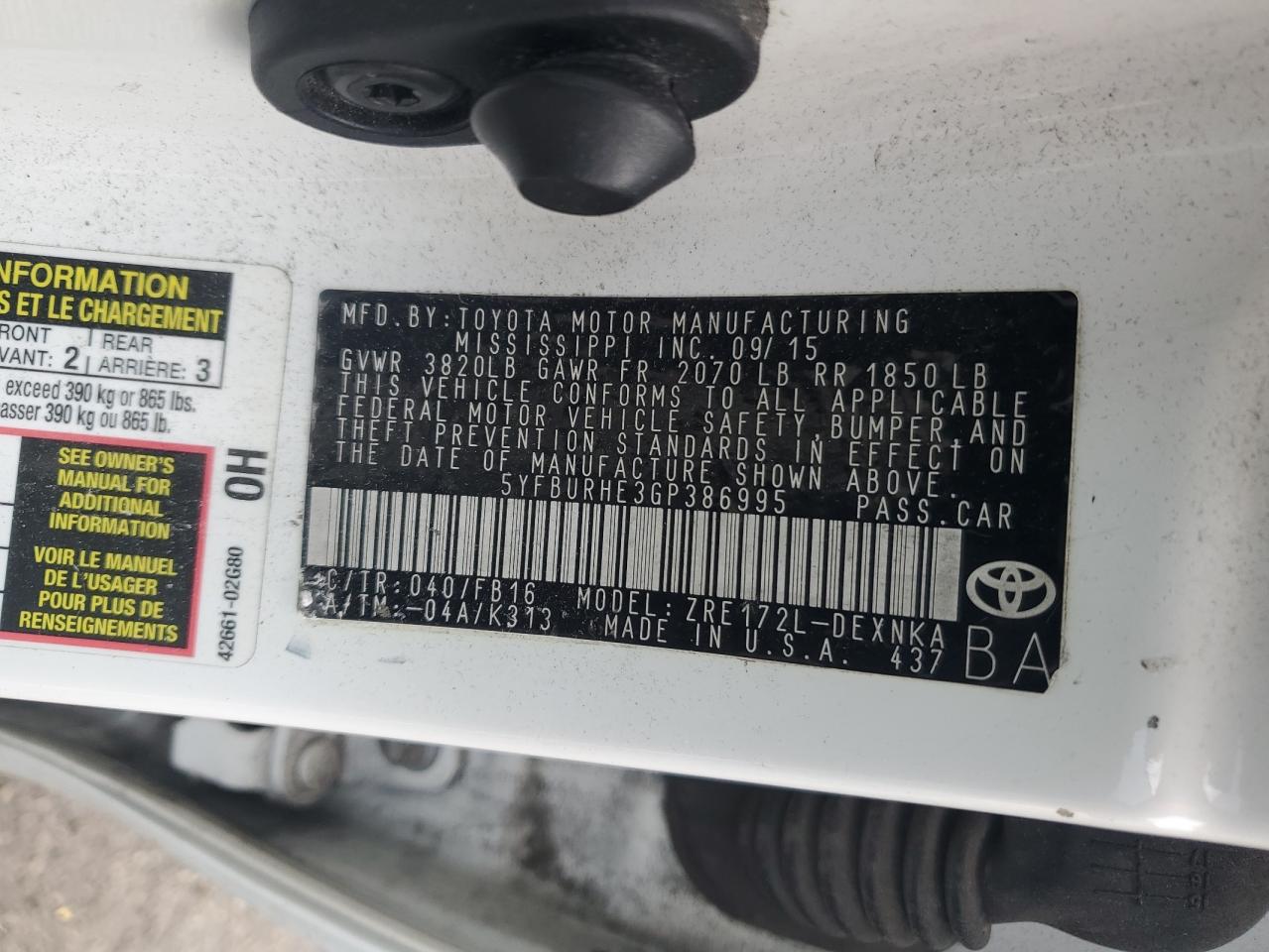 2016 Toyota Corolla VIN 5YFBURHE3GP386995 Copart auction photo, front end / rear end damage thumbnail 12