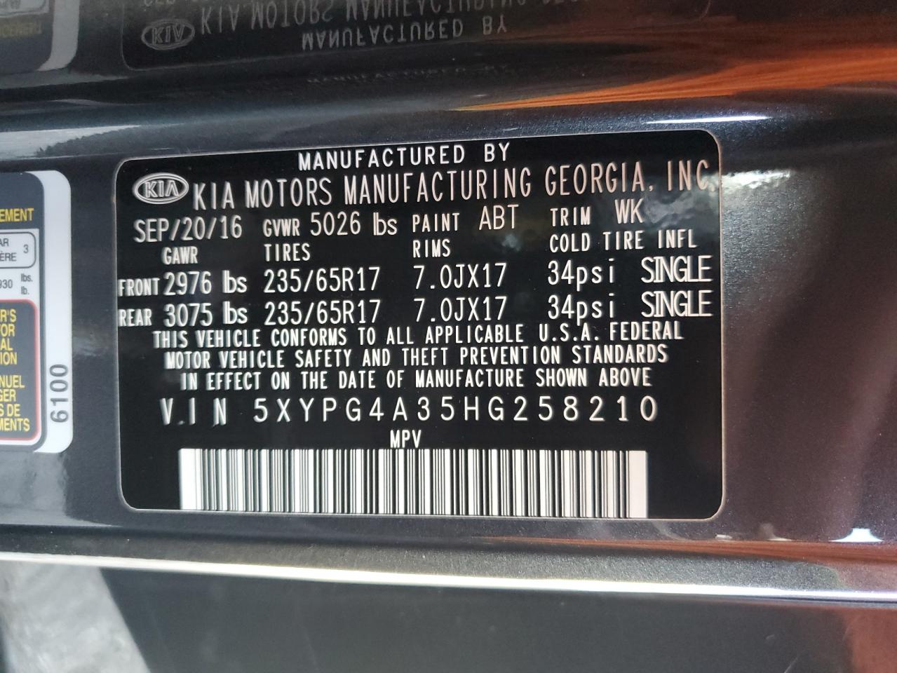 2017 KIA Sorento VIN 5XYPG4A35HG258210 Copart auction photo, front end damage thumbnail 13