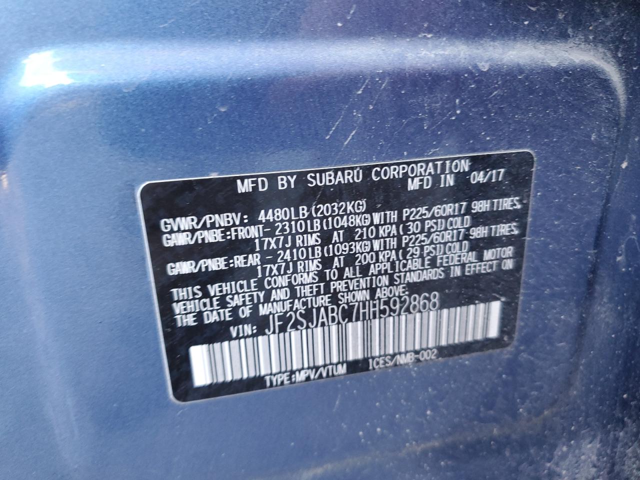 2017 Subaru Forester VIN JF2SJABC7HH592868 Copart auction photo, front end / minor dent/scratches damage thumbnail 12