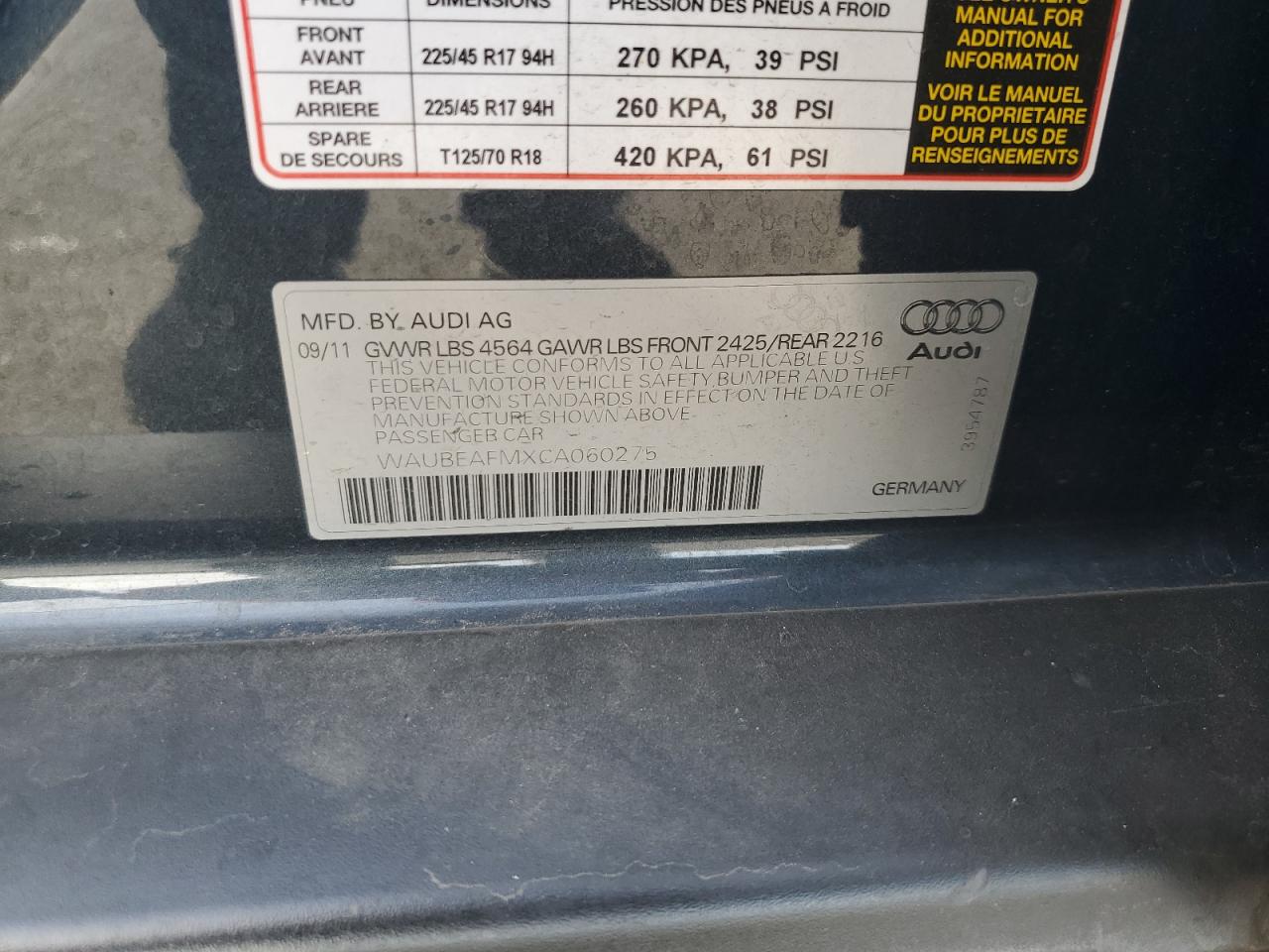 2012 Audi A3 VIN WAUBEAFMXCA060275 Copart auction photo, side damage thumbnail 12