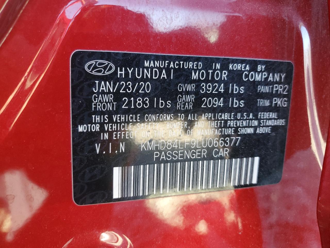 2020 Hyundai Elantra VIN KMHD84LF9LU066377 Copart auction photo, all over damage thumbnail 12