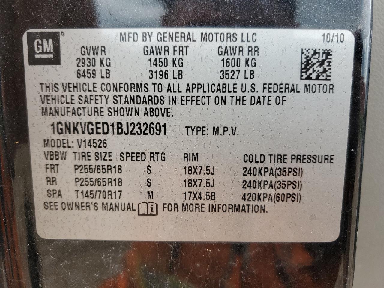 2011 Chevrolet Traverse VIN 1GNKVGED1BJ232691 Copart auction photo, side / hail damage thumbnail 13