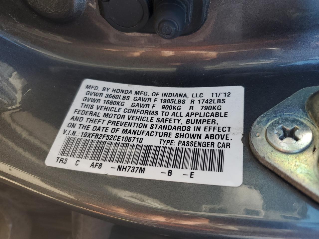 2012 Honda Civic VIN 19XFB2F52CE106710 Copart auction photo, front end / side damage thumbnail 15