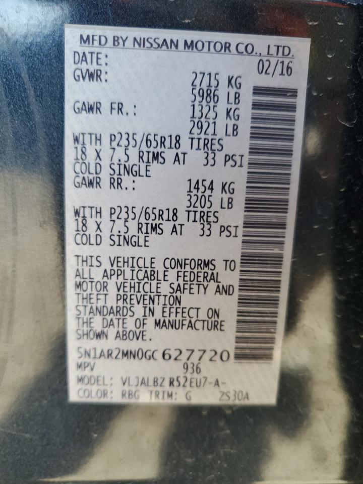 2016 Nissan Pathfinder VIN 5N1AR2MN0GC627720 Copart auction photo, front end damage thumbnail 14