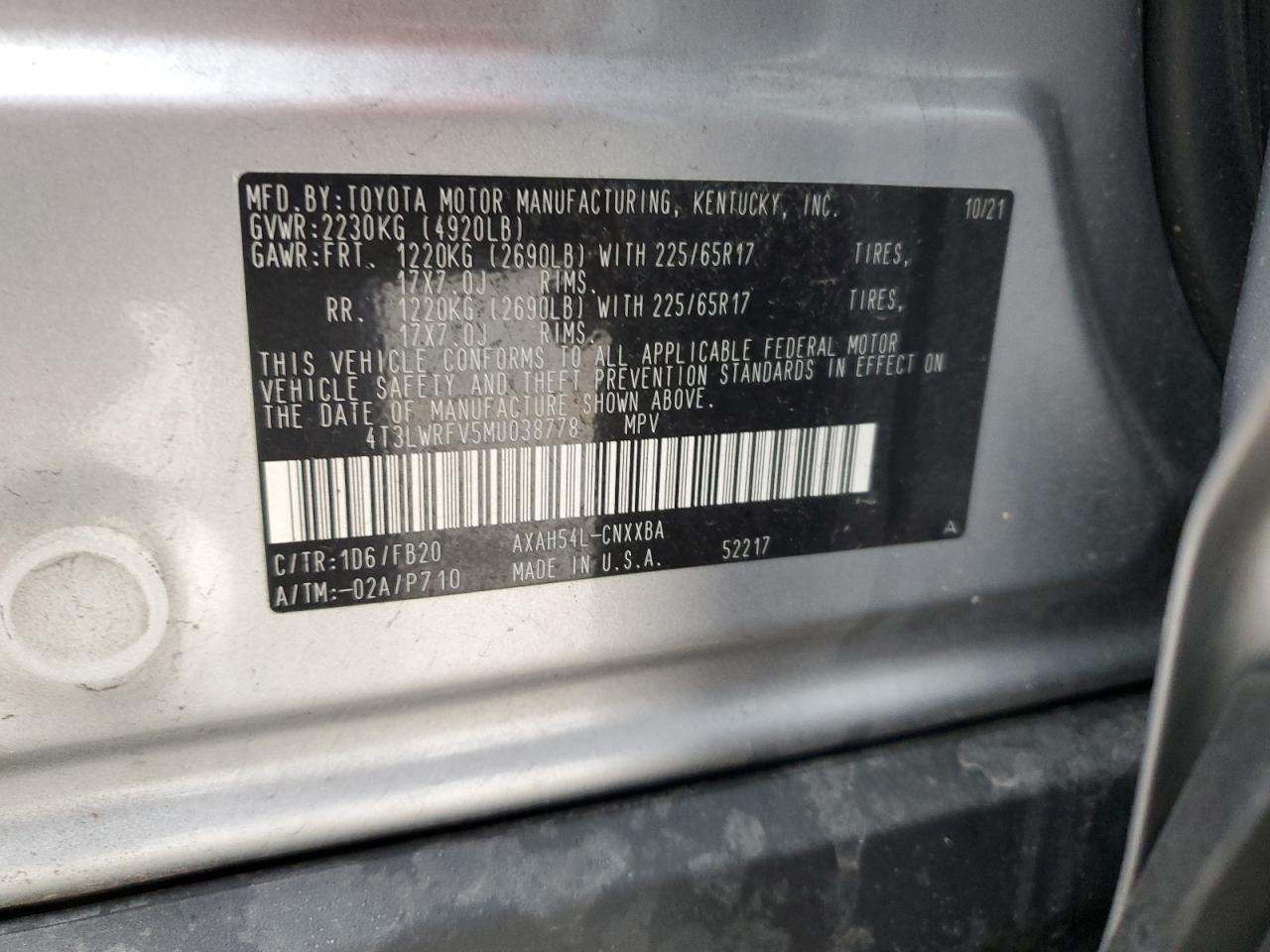 2021 Toyota RAV 4 VIN 4T3LWRFV5MU038778 Copart auction photo, side damage thumbnail 15