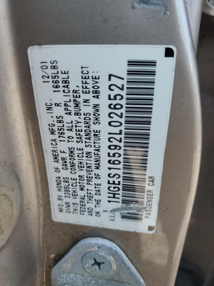 2002 Honda Civic VIN 1HGES16592L026527 Copart auction photo, side damage thumbnail 12