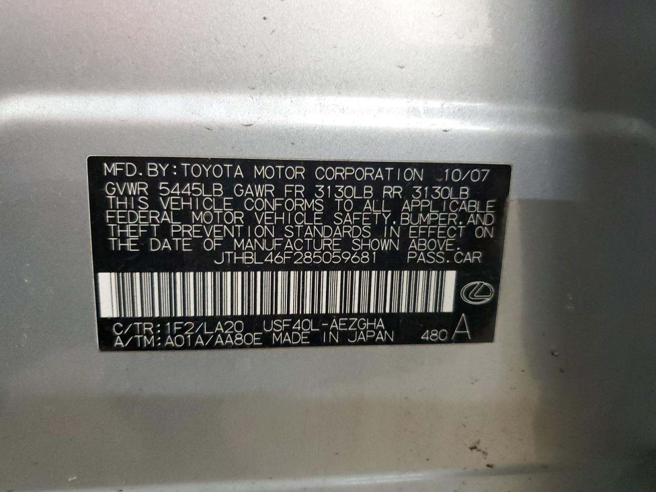 2008 Lexus LS VIN JTHBL46F285059681 Copart auction photo, front end damage thumbnail 12