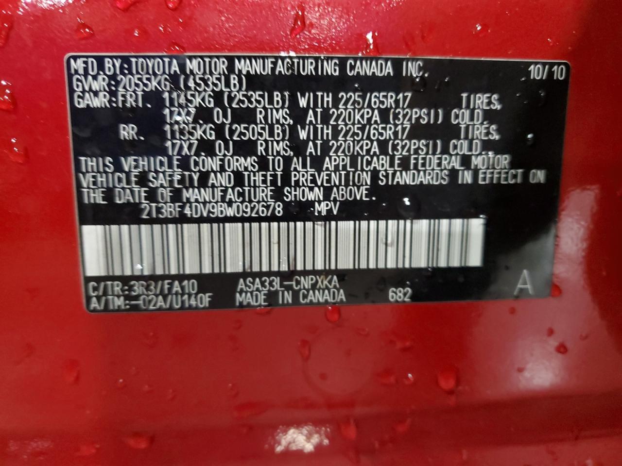 2011 Toyota RAV 4 VIN 2T3BF4DV9BW092678 Copart auction photo, front end damage thumbnail 13