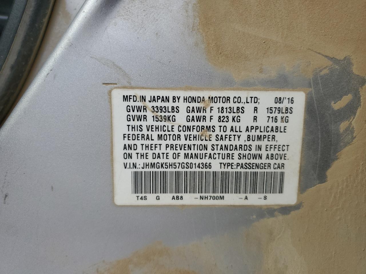 2016 Honda Fit VIN JHMGK5H57GS014366 Copart auction photo, mechanical / hail damage thumbnail 13