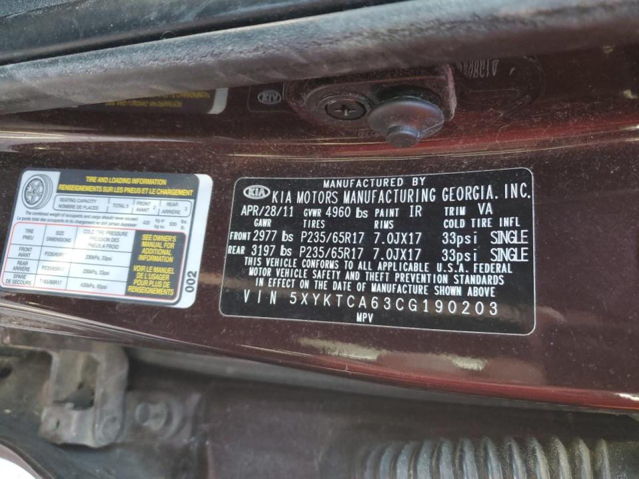 2012 KIA Sorento VIN 5XYKTCA63CG190203 Copart auction photo, front end damage thumbnail 13