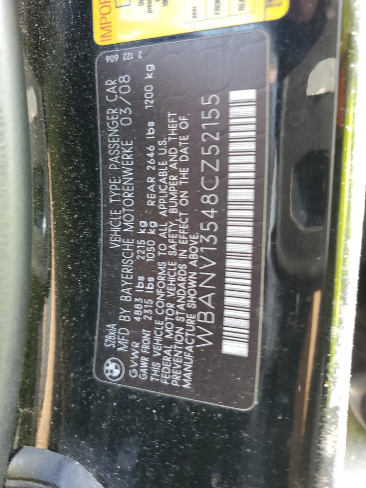 2008 BMW 5er VIN WBANV13548CZ52155 Copart auction photo, front end damage thumbnail 14