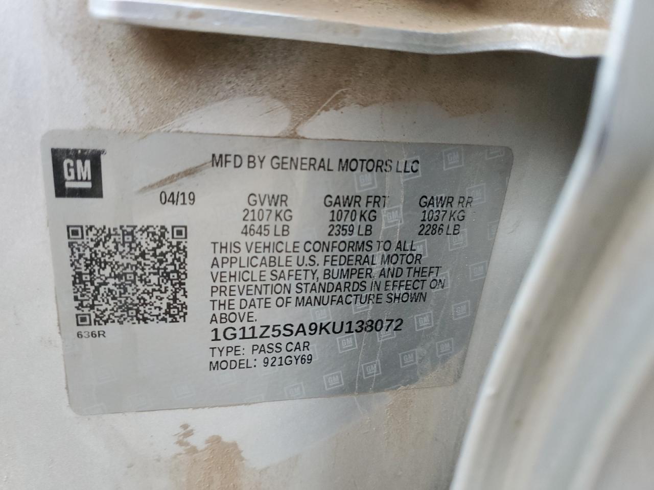 2019 Chevrolet Impala VIN 1G11Z5SA9KU138072 Copart auction photo, front end / side damage thumbnail 12