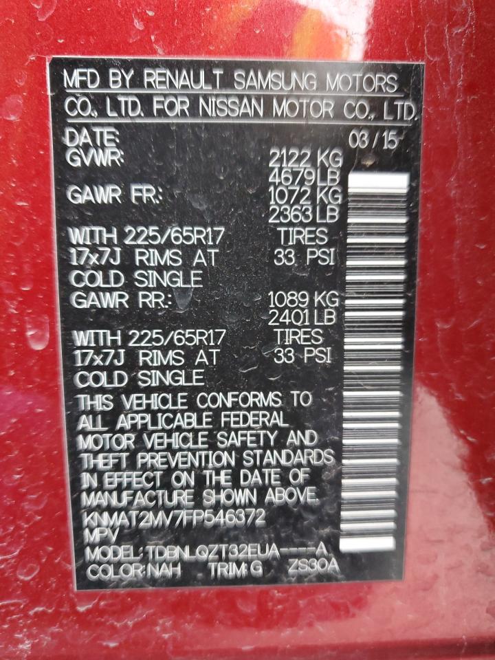 2015 Nissan Rogue VIN KNMAT2MV7FP546372 Copart auction photo, front end damage thumbnail 14