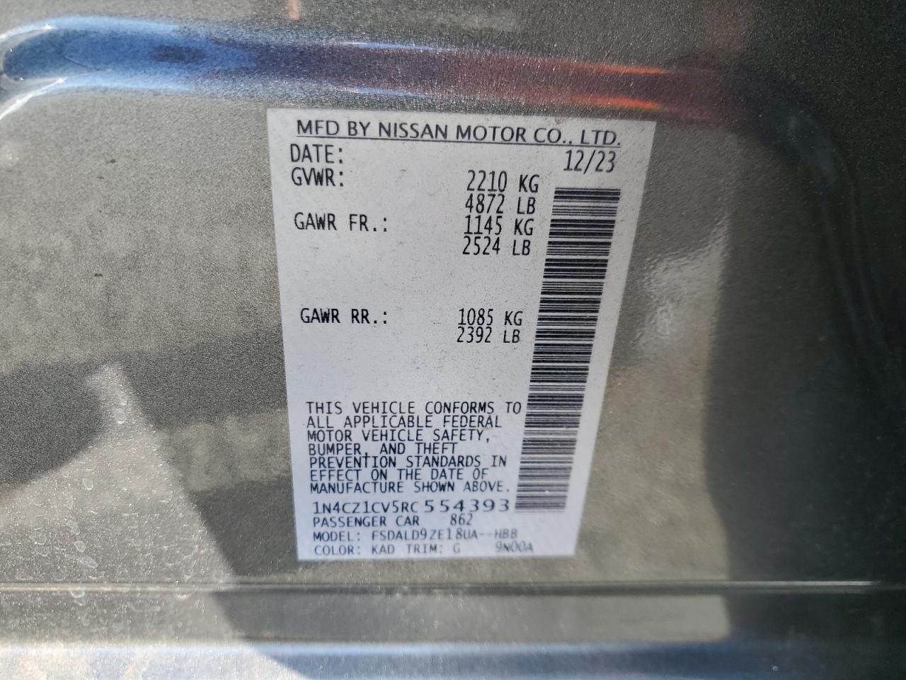 2024 Nissan Leaf VIN 1N4CZ1CV5RC554393 Copart auction photo, all over damage thumbnail 14