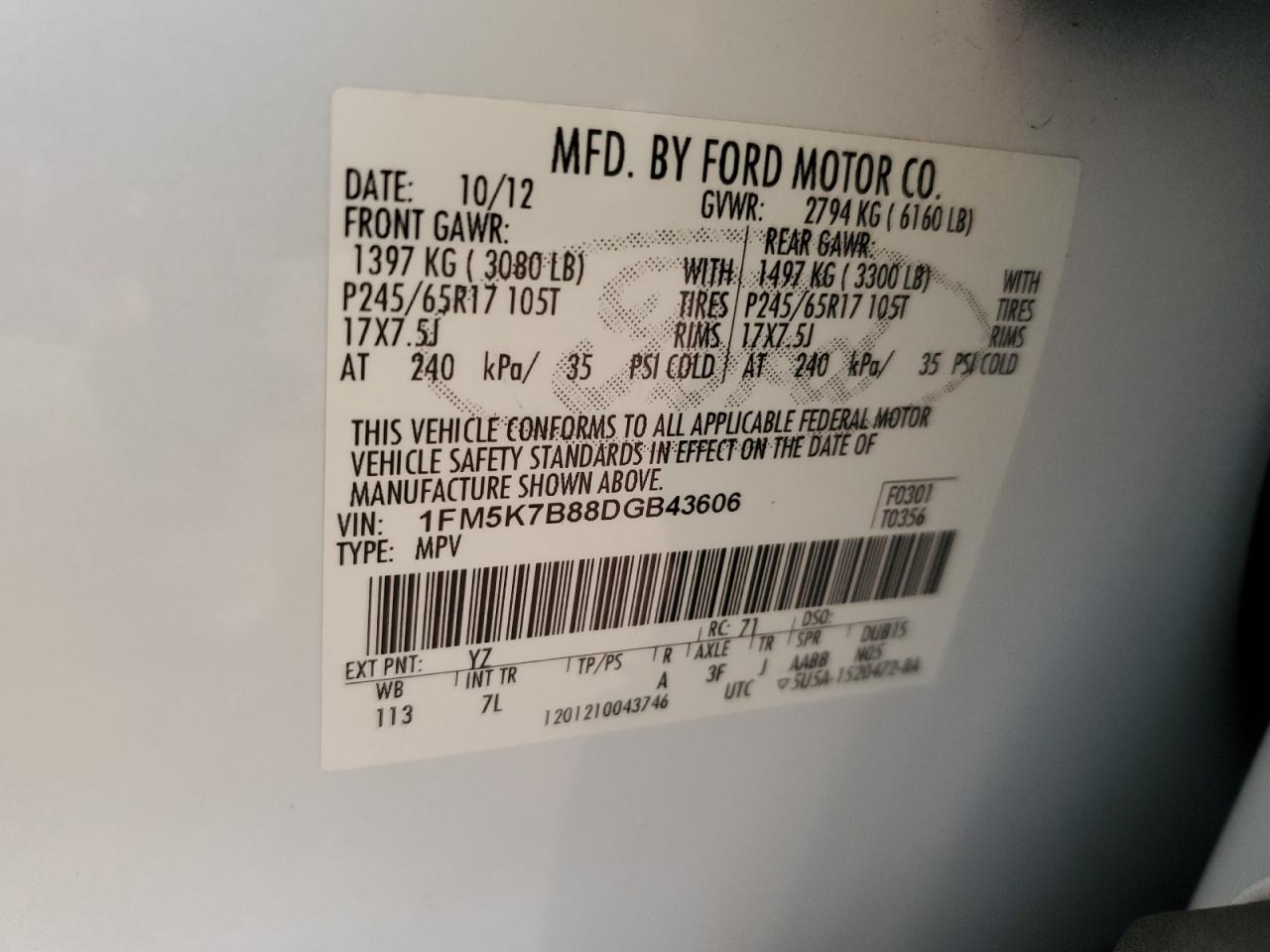 2013 Ford Explorer VIN 1FM5K7B88DGB43606 Copart auction photo, front end damage thumbnail 14