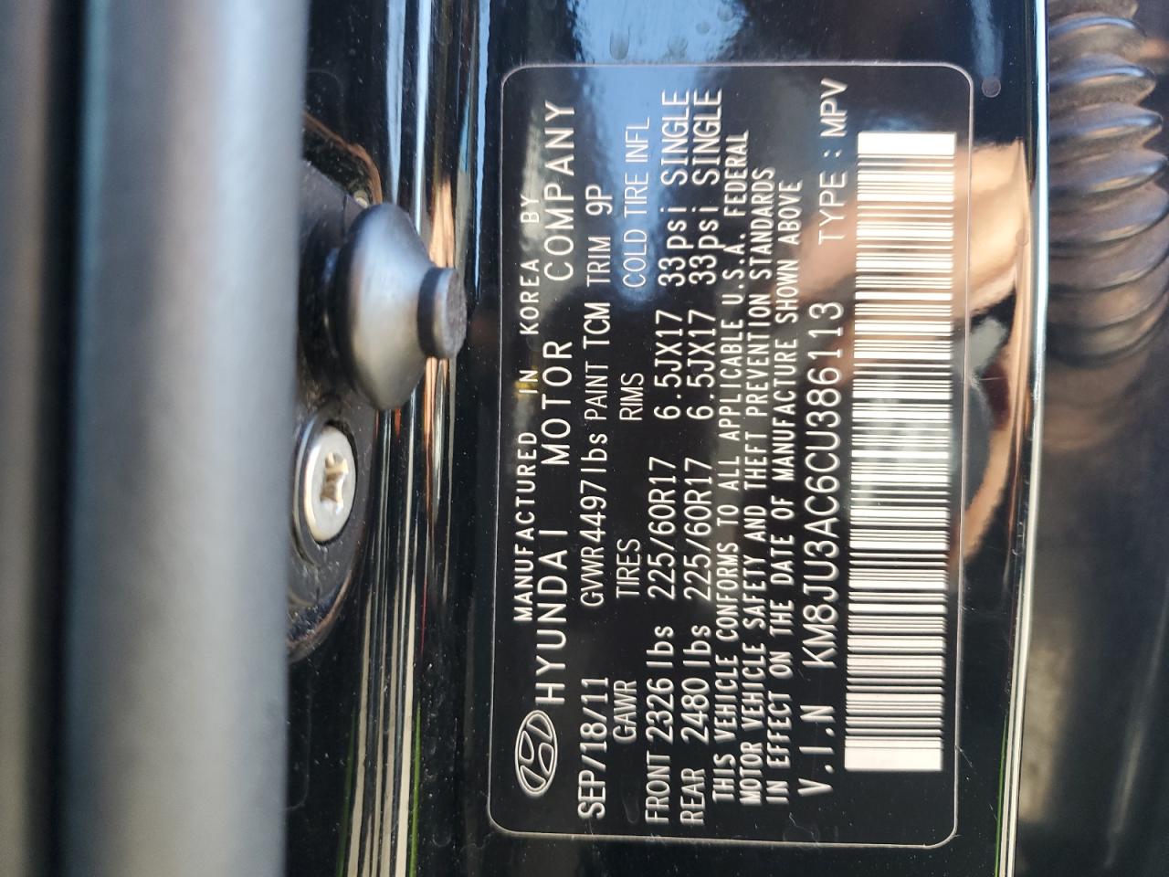 2012 Hyundai Tucson VIN KM8JU3AC6CU386113 Copart auction photo, side damage thumbnail 13