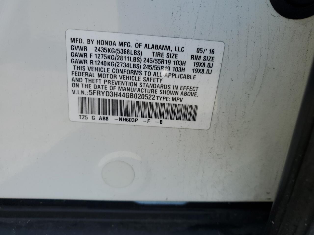2016 Acura MDX VIN 5FRYD3H44GB020522 Copart auction photo, rollover / undercarriage damage thumbnail 15
