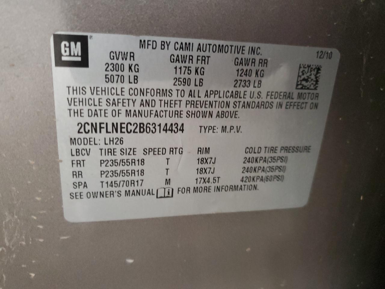 2011 Chevrolet Equinox VIN 2CNFLNEC2B6314434 Copart auction photo, mechanical damage thumbnail 12