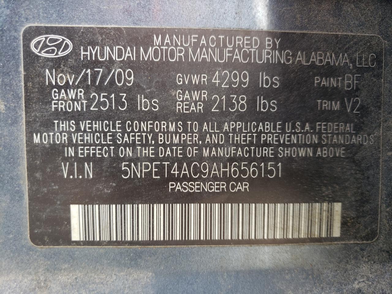 2010 Hyundai Sonata VIN 5NPET4AC9AH656151 Copart auction photo, rear end / hail damage thumbnail 12