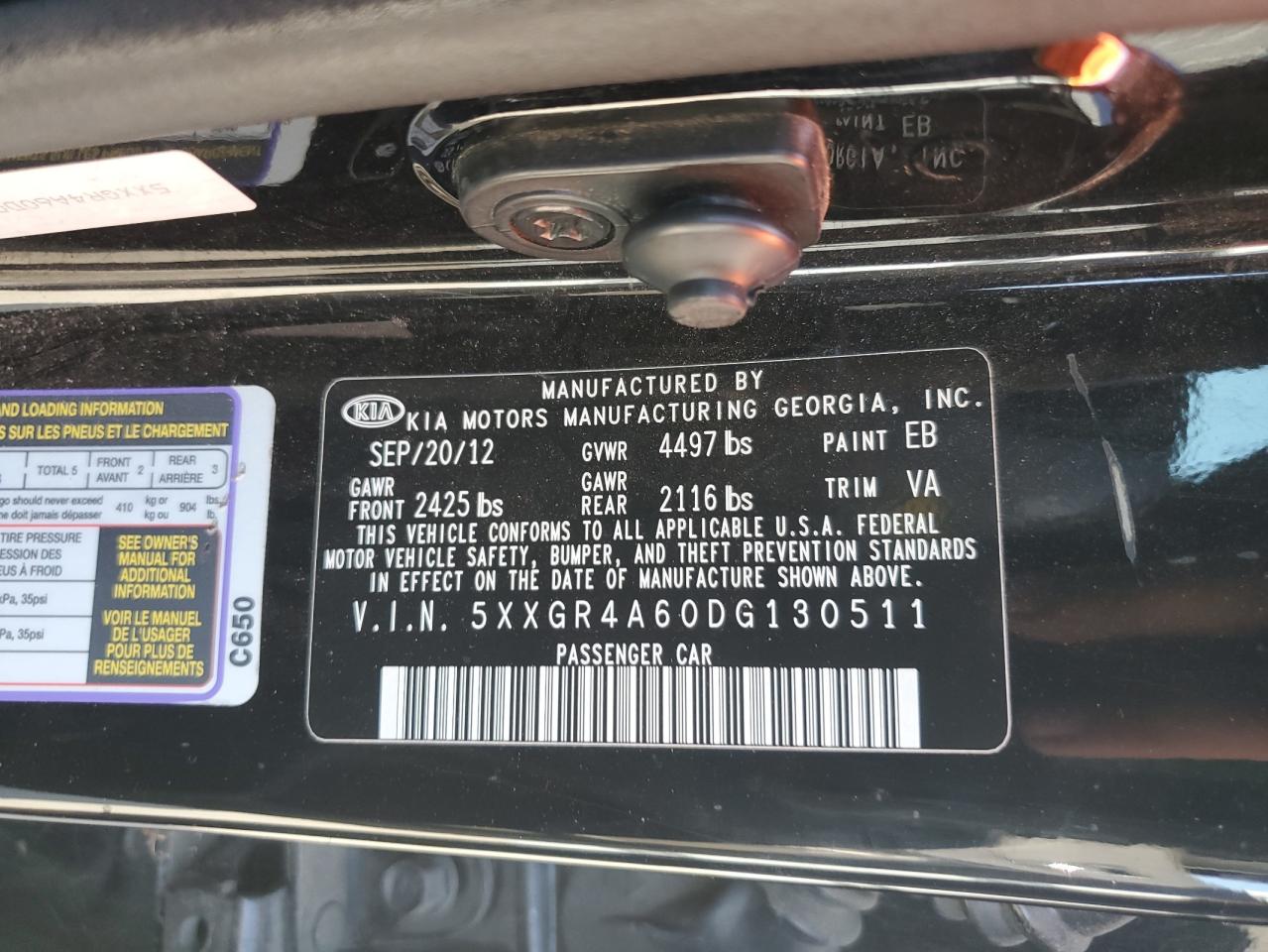 2013 KIA Optima VIN 5XXGR4A60DG130511 Copart auction photo, rear end / front end damage thumbnail 12