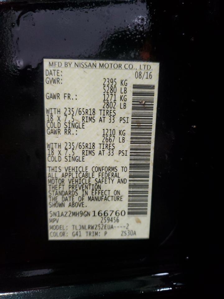 2016 Nissan Murano VIN 5N1AZ2MH9GN166760 Copart auction photo, front end damage thumbnail 14