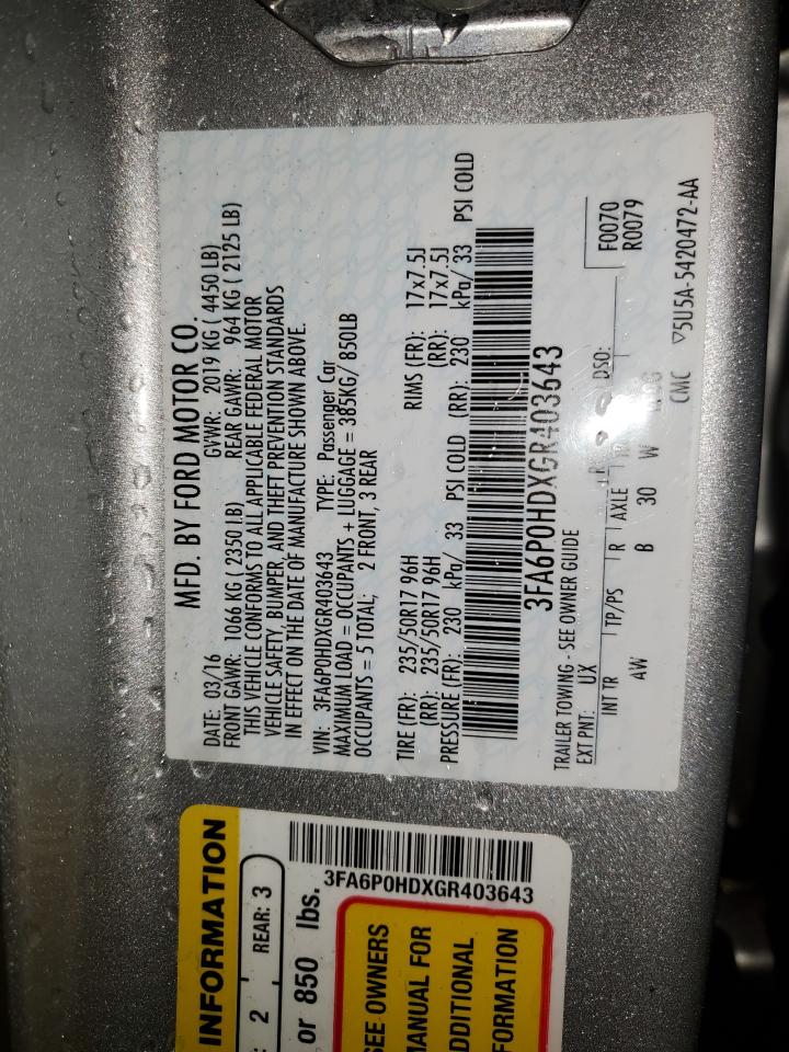 2016 Ford Fusion VIN 3FA6P0HDXGR403643 Copart auction photo, front end / side damage thumbnail 12