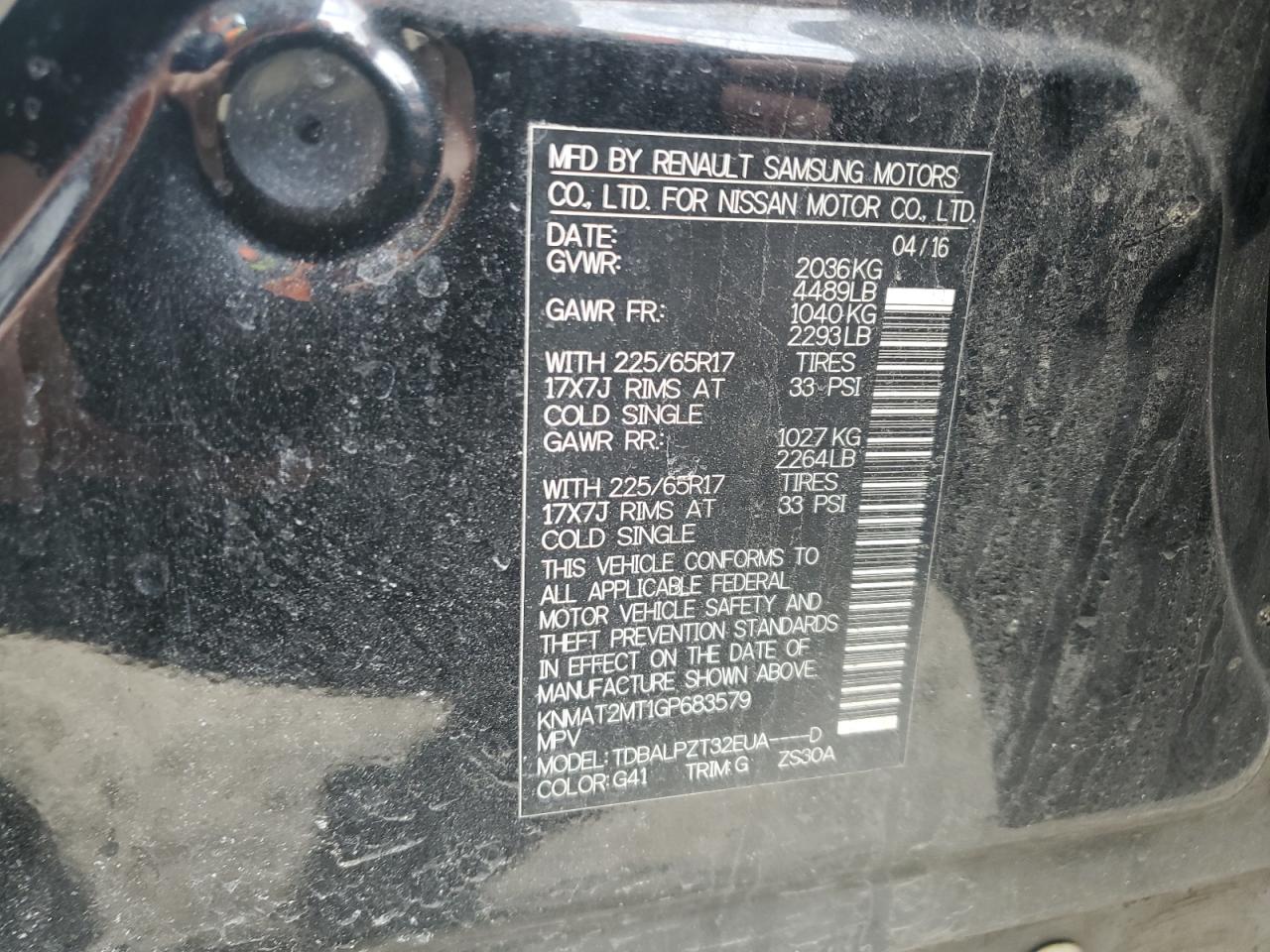 2016 Nissan Rogue VIN KNMAT2MT1GP683579 Copart auction photo, front end / side damage thumbnail 14