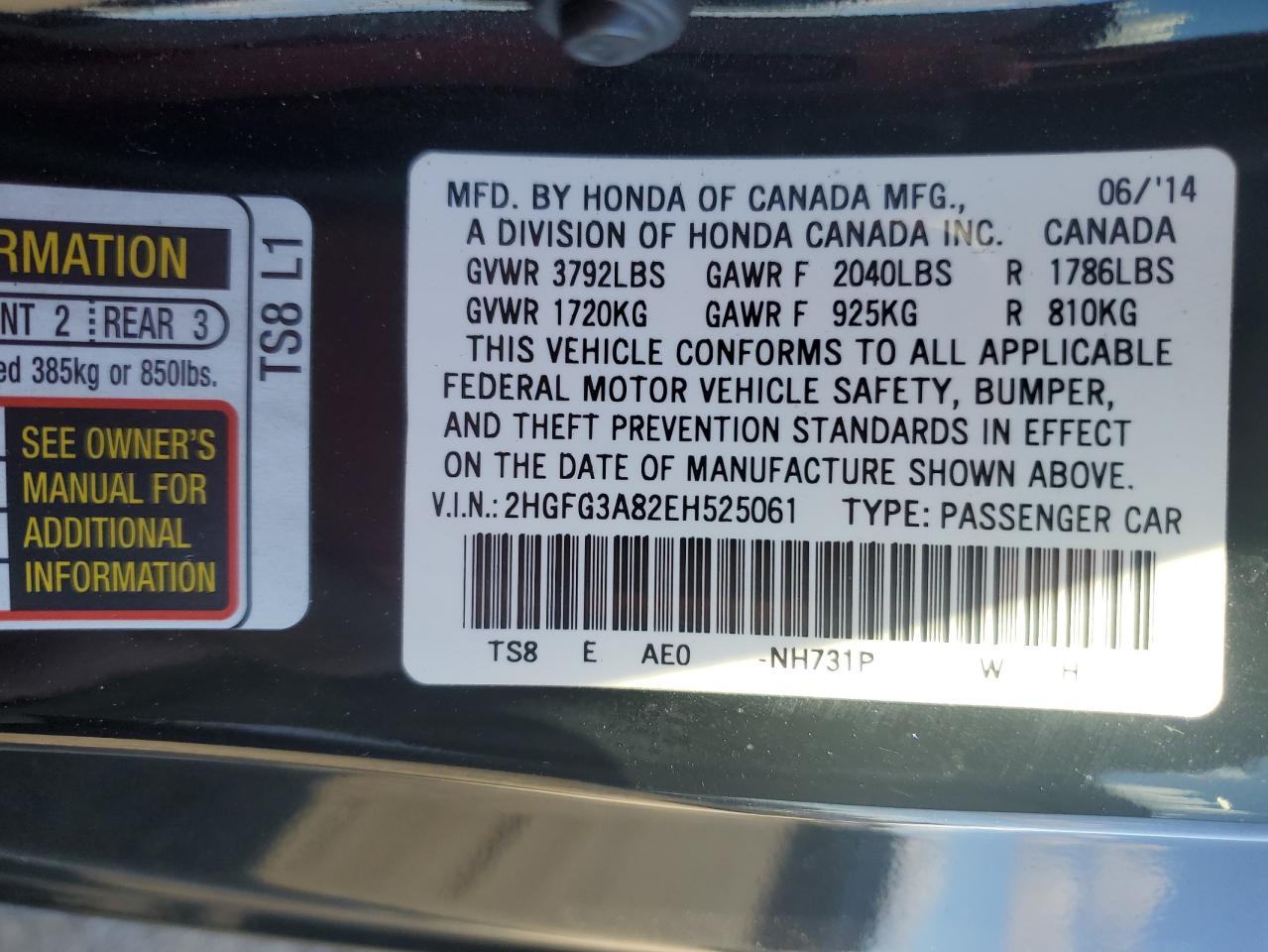 2014 Honda Civic VIN 2HGFG3A82EH525061 Copart auction photo, front end damage thumbnail 13