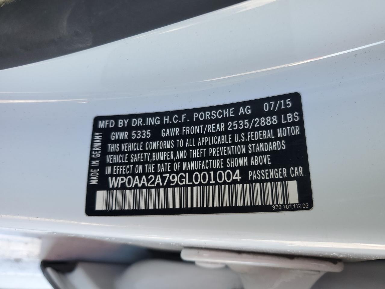2016 Porsche Panamera VIN WP0AA2A79GL001004 Copart auction photo, water/flood damage thumbnail 14