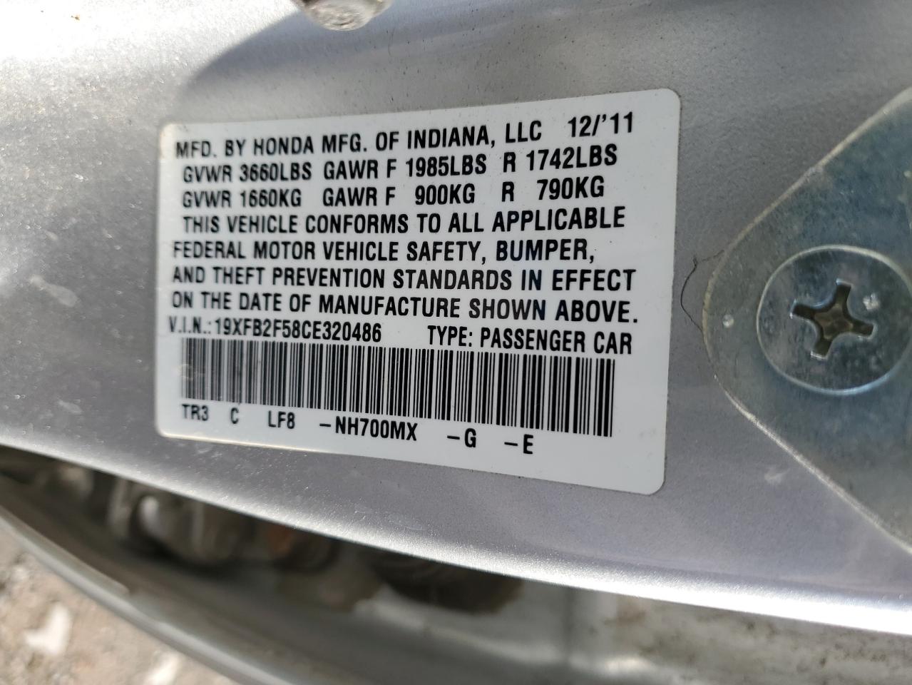 2012 Honda Civic VIN 19XFB2F58CE320486 Copart auction photo, all over damage thumbnail 12