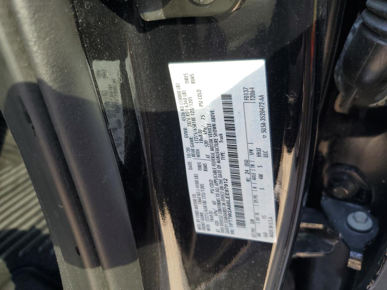 2020 Ford F250 VIN 1FT7W2A60LEE97912 Copart auction photo, water/flood / burn damage thumbnail 14