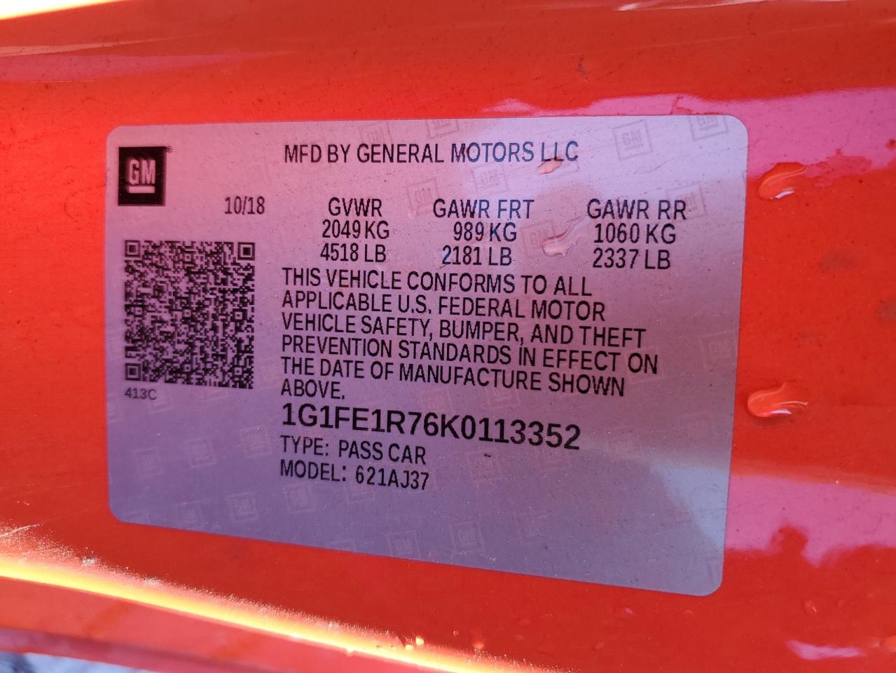 2019 Chevrolet Camaro VIN 1G1FE1R76K0113352 Copart auction photo, front end / rear end damage thumbnail 13