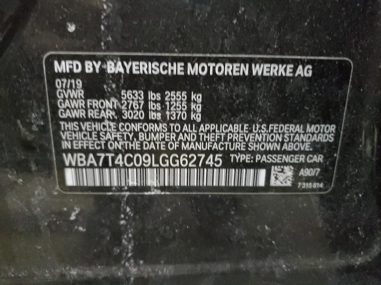 2020 BMW 7er VIN WBA7T4C09LGG62745 Copart auction photo, front end / side damage thumbnail 12