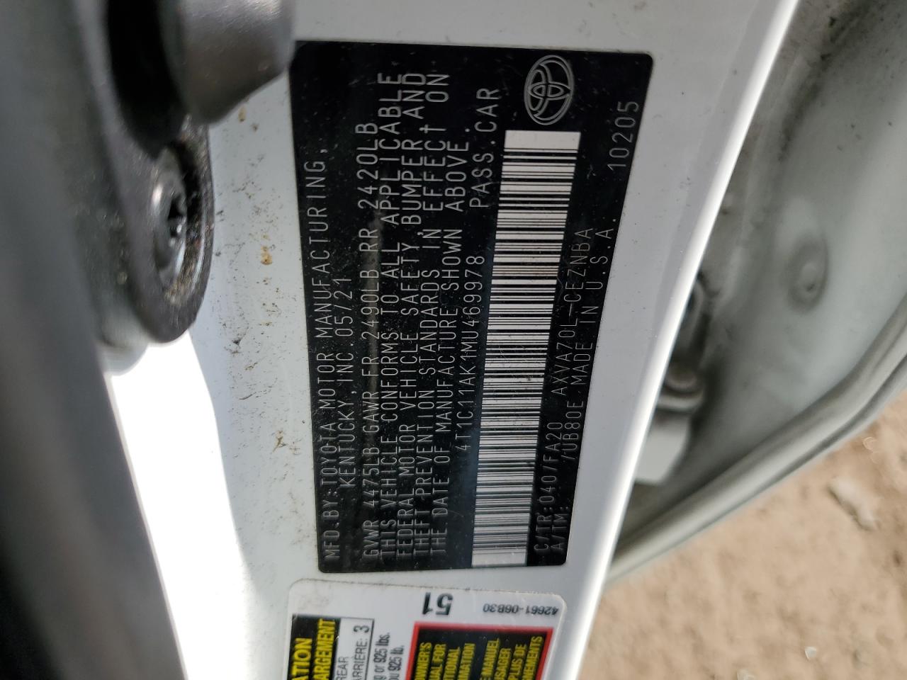 2021 Toyota Camry VIN 4T1C11AK1MU469978 Copart auction photo, front end / rear end damage thumbnail 12