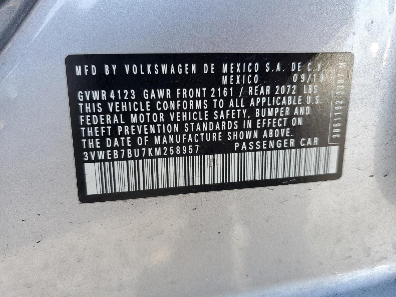2019 Volkswagen Jetta VIN 3VWEB7BU7KM258957 Copart auction photo, front end / top/roof damage thumbnail 14