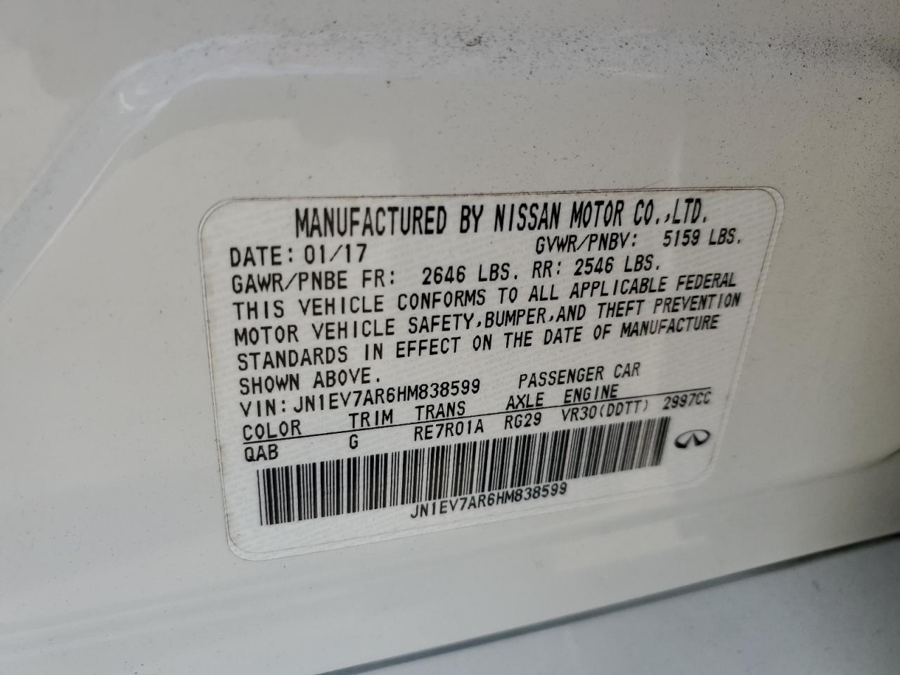 2017 Infiniti Q50 VIN JN1EV7AR6HM838599 Copart auction photo, front end / side damage thumbnail 14