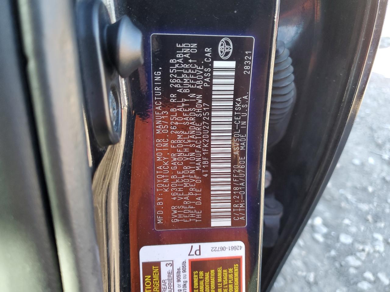 2013 Toyota Camry VIN 4T1BF1FK2DU272517 Copart auction photo, all over damage thumbnail 12