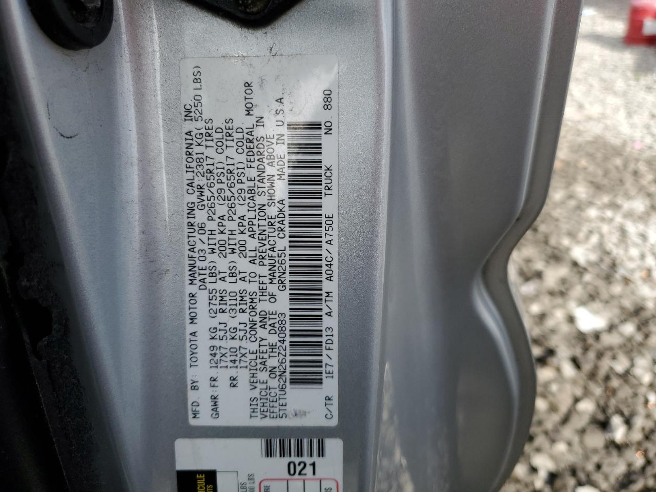 2006 Toyota Tacoma VIN 5TETU62N26Z240883 Copart auction photo, rollover damage thumbnail 12