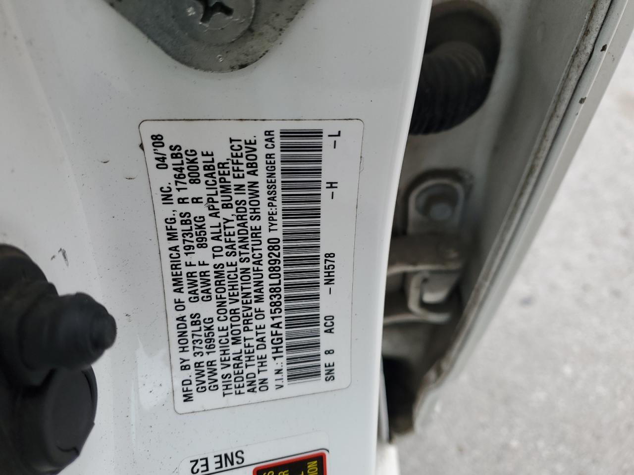2008 Honda Civic VIN 1HGFA15838L089280 Copart auction photo, all over damage thumbnail 12