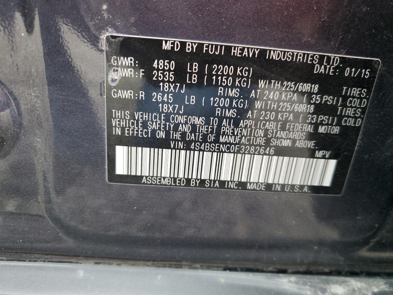 2015 Subaru Outback VIN 4S4BSENC0F3282646 Copart auction photo, front end / all over damage thumbnail 15