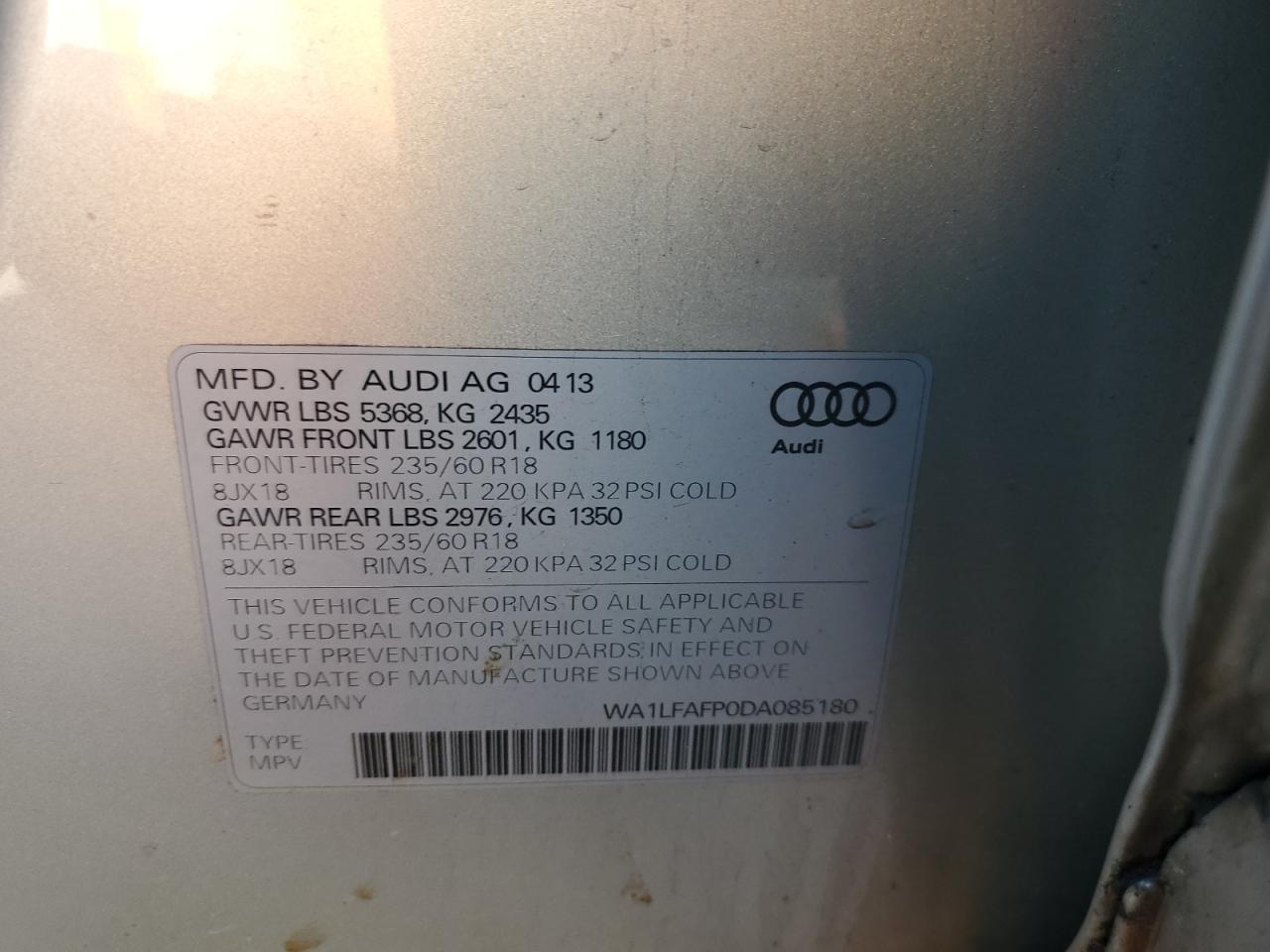 2013 Audi Q5 VIN WA1LFAFP0DA085180 Copart auction photo, front end damage thumbnail 12