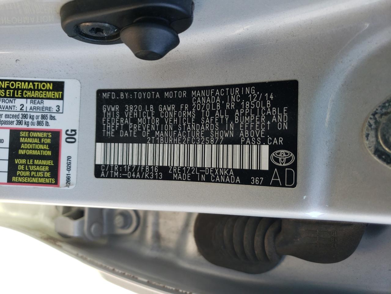 2015 Toyota Corolla VIN 2T1BURHE2FC325877 Copart auction photo, rear end / front end damage thumbnail 14