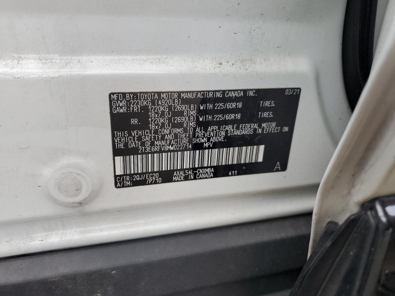 2021 Toyota RAV 4 VIN 2T3E6RFV8MW022714 Copart auction photo, front end damage thumbnail 16