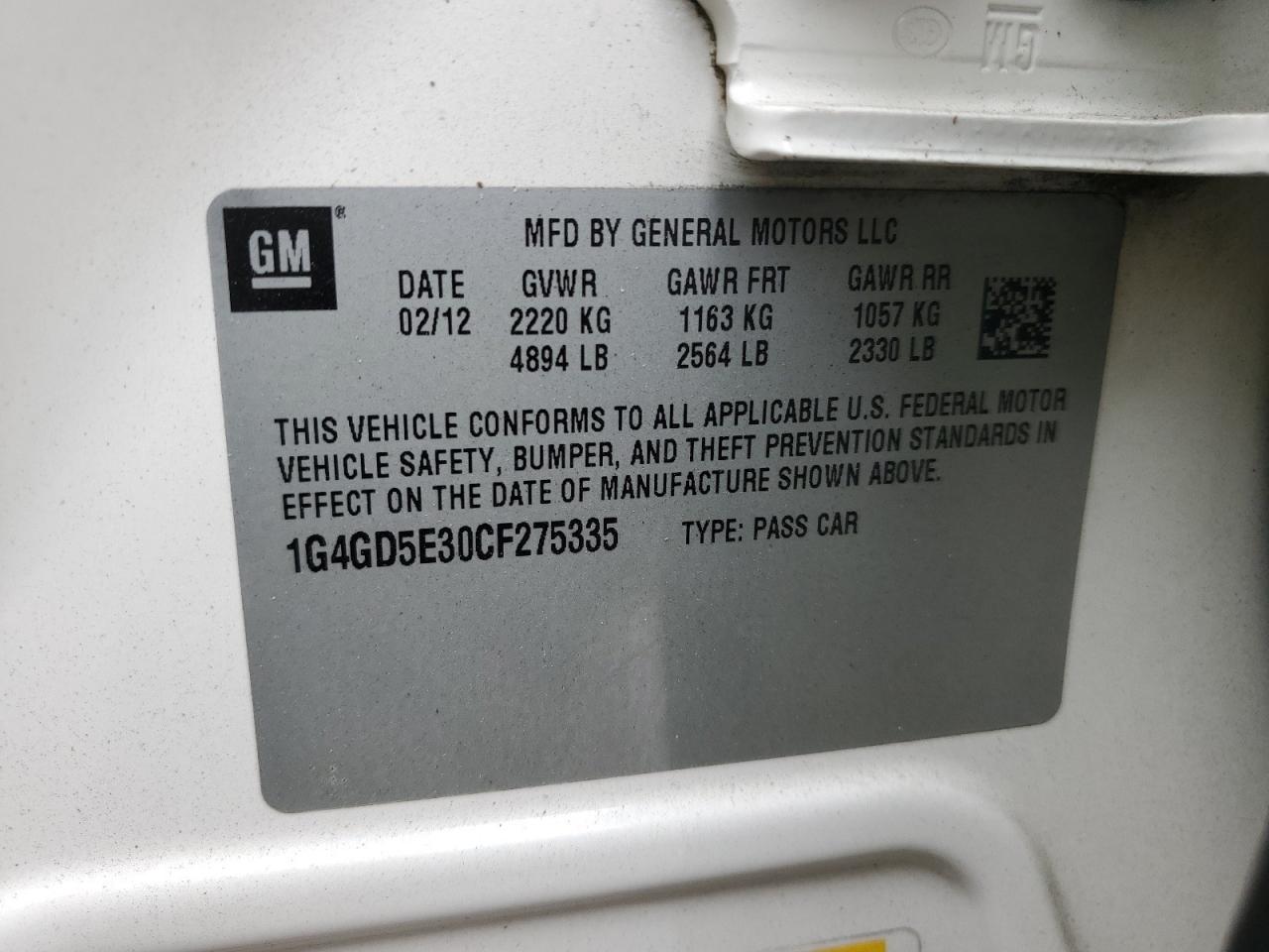 2012 Buick LaCrosse VIN 1G4GD5E30CF275335 Copart auction photo, front end damage thumbnail 12