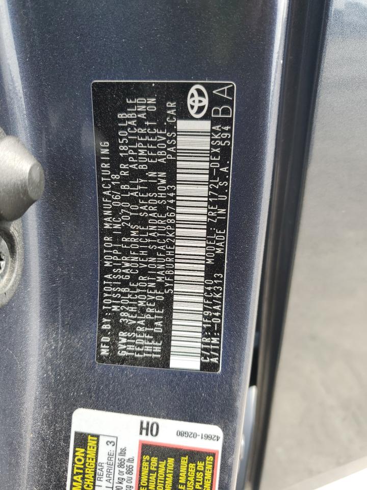 2019 Toyota Corolla VIN 5YFBURHE2KP867443 Copart auction photo, front end damage thumbnail 14