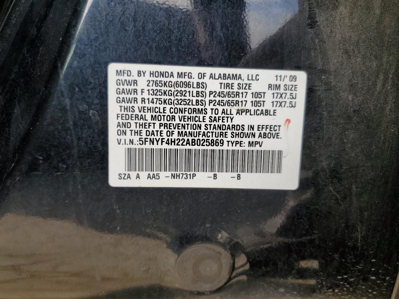 2010 Honda Pilot VIN 5FNYF4H22AB025869 Copart auction photo, side damage thumbnail 13