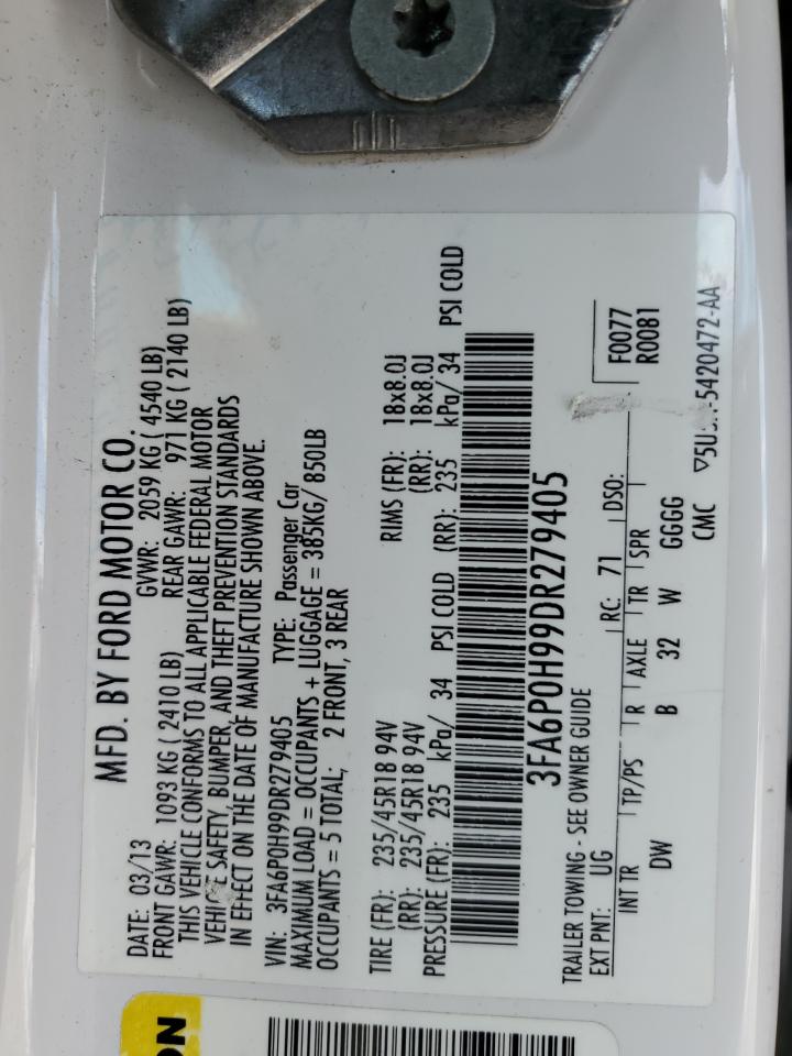 2013 Ford Fusion VIN 3FA6P0H99DR279405 Copart auction photo, rear end / side damage thumbnail 12