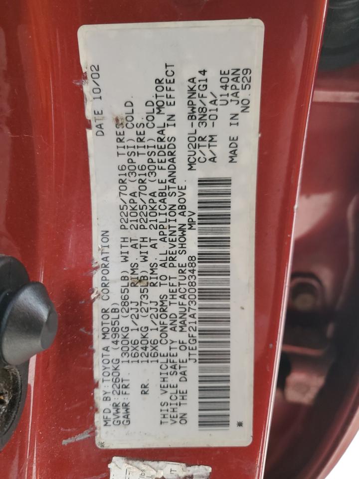 2003 Toyota Highlander VIN JTEGF21A730083488 Copart auction photo, front end / minor dent/scratches damage thumbnail 13