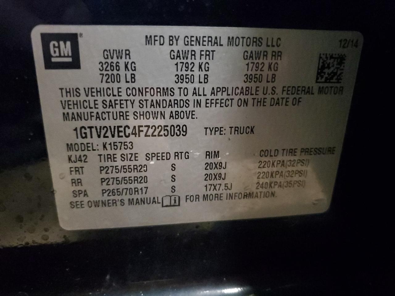 2015 GMC Sierra VIN 1GTV2VEC4FZ225039 Copart auction photo, front end damage thumbnail 14