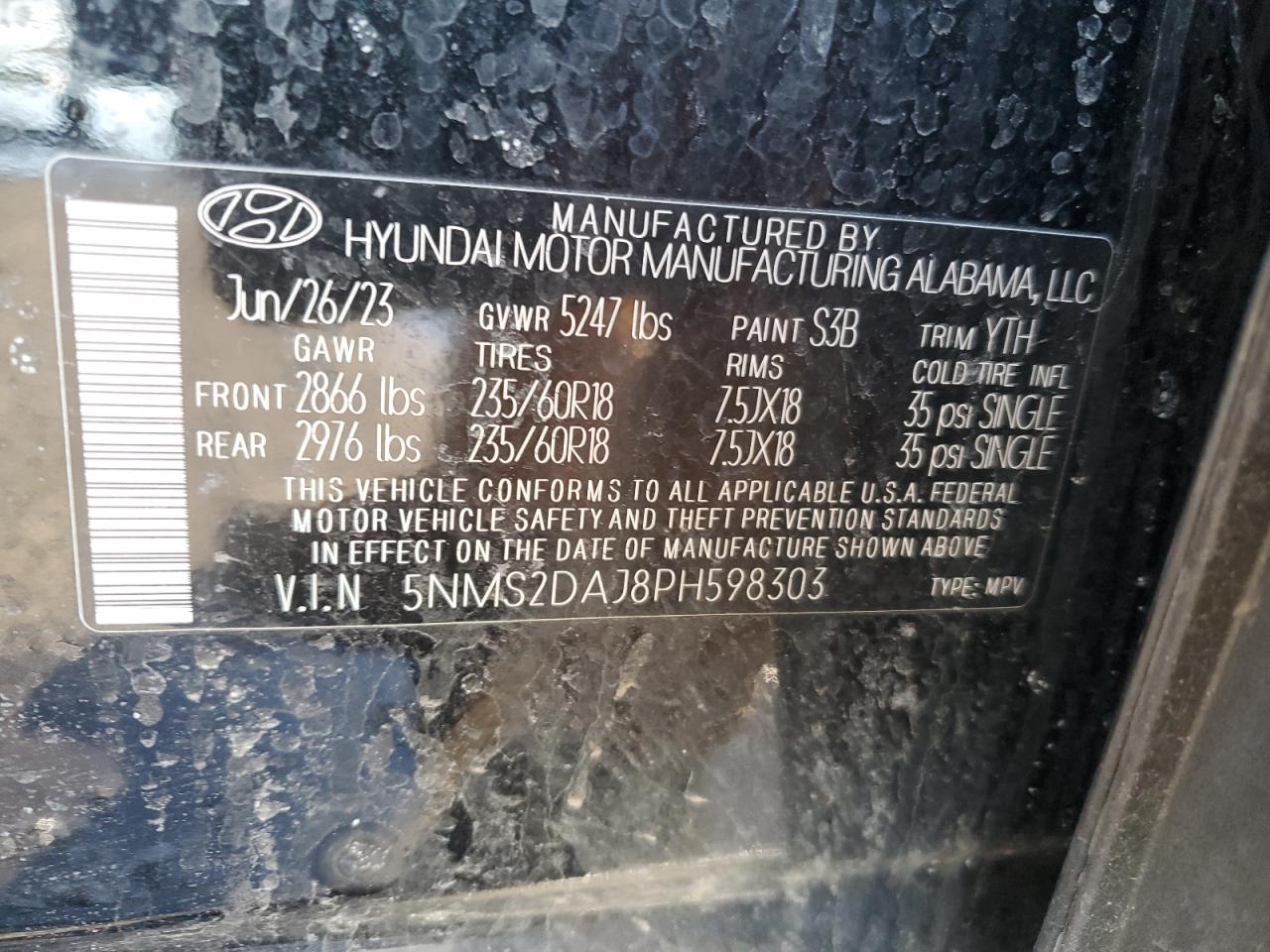 2023 Hyundai Santa Fe VIN 5NMS2DAJ8PH598303 Copart auction photo, front end damage thumbnail 14